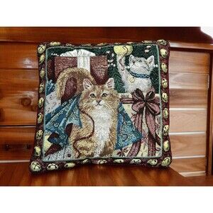 Vtg Christmas Curiosity CATS THROW Pillow WHIMSICAL KITTY WOVEN TAPESTRY Granny